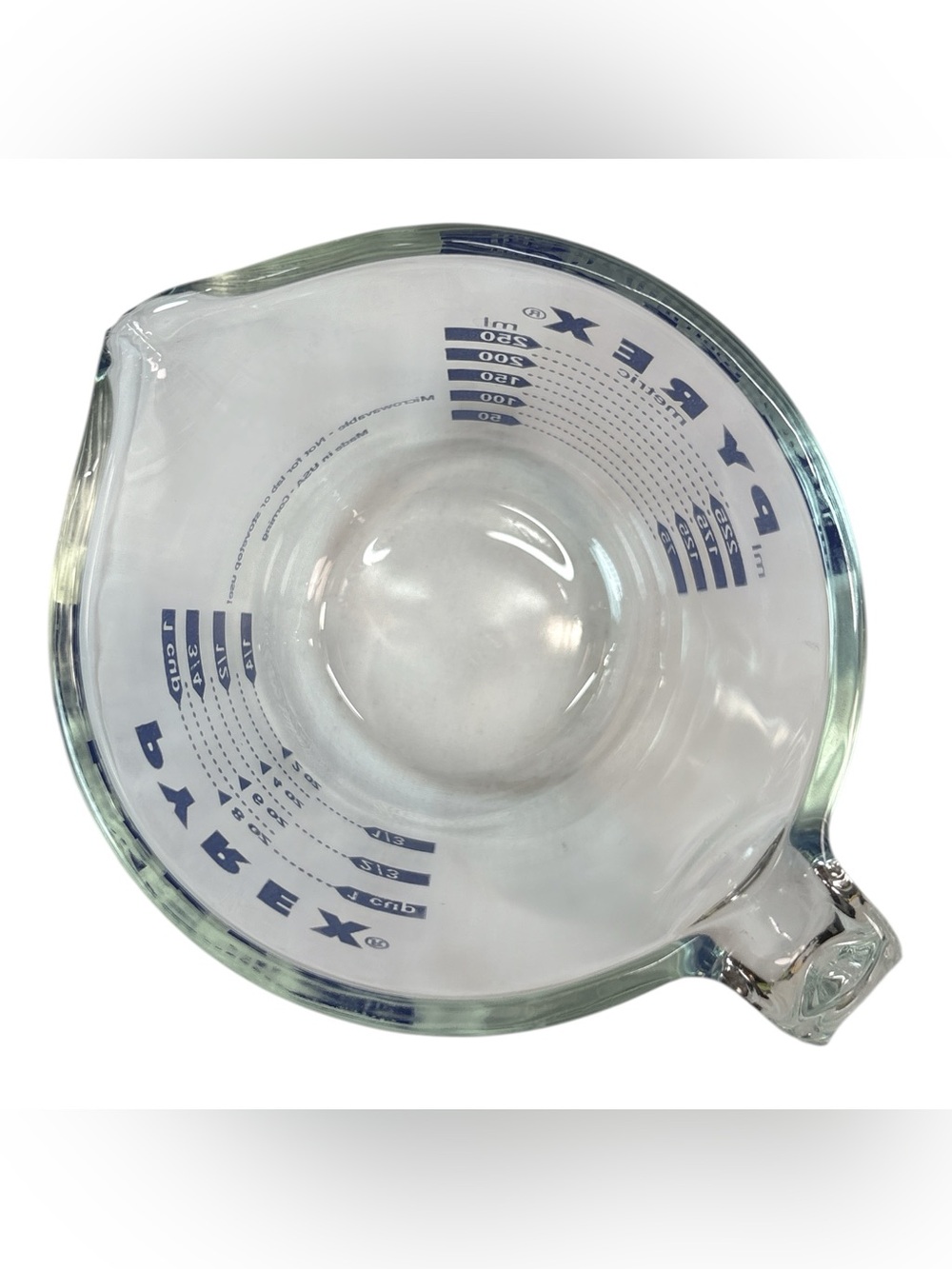 Vintage Pyrex Glass Measuring Cup Blue Lettering Open J Handle 1 Cup 8 oz 250 ml - Picture 5 of 5